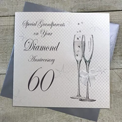 Image of White Cotton Cards 60TH DIAMOND CHAMPAGNE FLUTES, GRANDPARENTS ANNIVERSARY CARD, HAND FINISHED (BD160 G)