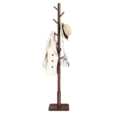 Image of VASAGLE Coat Rack, Solid Wood Stand, Free Standing Hall Tree with 8 Hooks for Coats, Hats, Bags, Purses, Entryway, Hallway, Rubberwood and Pole, Dark Walnut RCR010W01