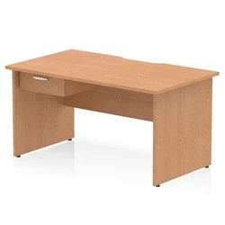 Image of Impulse 1400 x 800mm Scalloped Edge Straight Office Desk Oak Top Panel End Leg Workstation 1 Drawer Fixed Pedestal