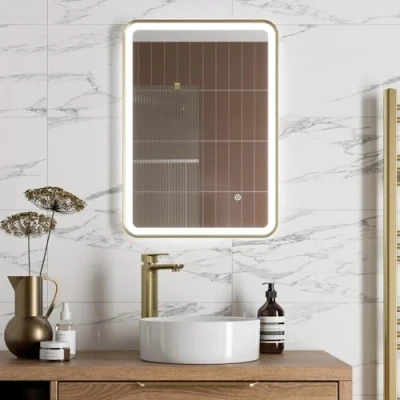 Image of BAYSTONE® 500 x 700mm Bathroom Mirror with LED Lights Wall Mounted Demister Illuminated Mirrors for Bathrooms, Mains Powered, Brushed Brass, Touch Sensor