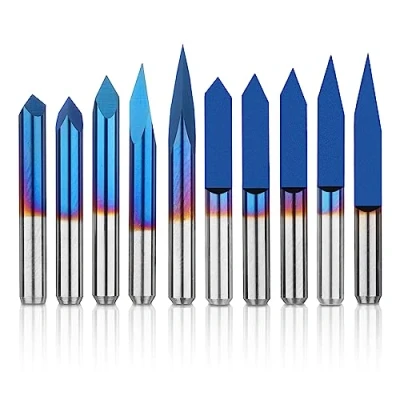 Image of Genmitsu 10 Pcs 1/8&#039;&#039; Shank CNC Router Bits Set, Flat V bit: 20/30/45/60/90 Degree Triangular 0.1mm Tip, Nano Blue Coat Conical, Engraving Tool for