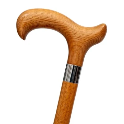 Image of Dr. Watson Handcrafted Wooden Walking Stick, Classic Cane with Derby Handle and Stainless Steel Collar (Caramel)