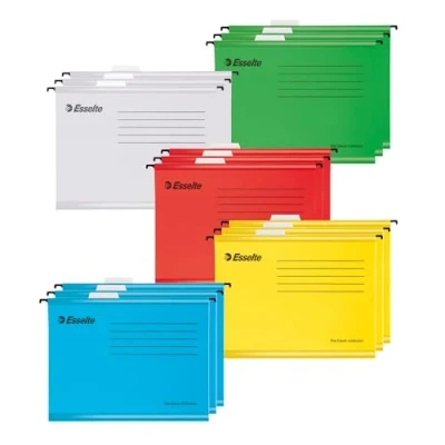 Image of Esselte A4 Reinforced Filing Cabinet Suspension File, Pack 15 Made from Strong 100% Recycled Card, with Tabs and Card Inserts, for Home, Office, School Organisation, Assorted Colours, 628808