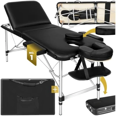 Image of TecTake Lightweight Portable massage Table, Comfortable 3 section Padded Folding Spa Bed, adjustable bed including accessories, aluminium headrest, armrest and storage bag black