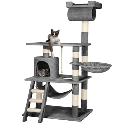 Image of tectake® Multi Level Cat Tree with Sisal Scratching Posts, Soft Plush Cover, Cosy House, Hammock, Tunnel, Bed, Ladder &amp; Play Rope 141cm Tower Anti Tip Protection Grey