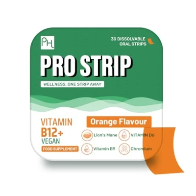 Image of PROSTRIP Vitamin B12+ 1500mcg with B6, Folic Acid, Chromium, and Lion&#039;s Mane Mushroom 30 Oral Vegan Strips Refreshing Orange Flavour No Water Needed by Prowise Healthcare
