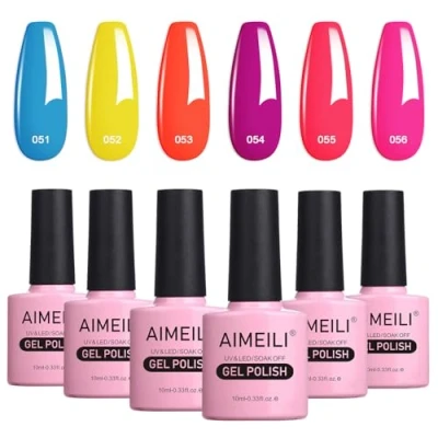 Image of AIMEILI Neon Gel Nail Polish, 6 Colours Red Yellow Summer Polish Set UV LED Fluorescent Salon Varnish Manicure Long Lasting &amp; Easy to Apply 10ml Kit 11