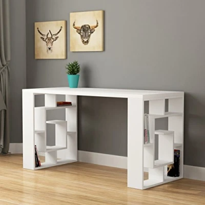 Image of HOCUS PICUS Working Desk with Geometric Design, Modern Study Open Shelves, Rectangular Work Table for Student Worker, Office Place, Home, Hotels and Library 75(H)x60(D)x137(W)cm (White)