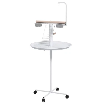 Image of PawHut Bird Table, Feeding Station with Wheels, Perches, Stainless Steel Feed Bowls, Round Tray for Indoor White