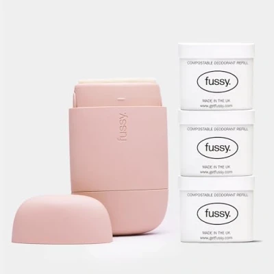 Image of Fussy Natural Refillable Deodorant Aluminium Free 24 Hour Protection Floral Scent (3 x 40g) &amp; Blush Pink Case Cedar, Cinnamon and Patchouli Vegan Cruelty 100% Effective