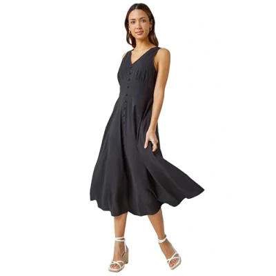 Image of Roman Originals Women Textured Stripe Button Detail Midi Dress Ladies Spring Everyday Summer Holiday Sleeveless Soft V Neckline Comfy Empire Frock Vacation Gowns Black Size 20