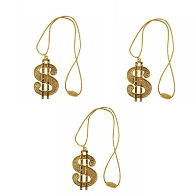Image of 3 X DOLLAR SIGN GOLD COLOURED NECKLACE GANGSTER PIMP FANCY DRESS CHAIN 70&#039;S DADDY