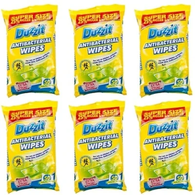 Image of 6 x 50 Pack Duzzit Anti Bacterial Wipes Safe For Kitchen Surfaces, Bins And Bathrooms