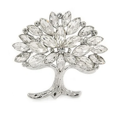 Image of Avalaya Clear Crystal Tree of Life Brooch in Rhodium Plating 45mm