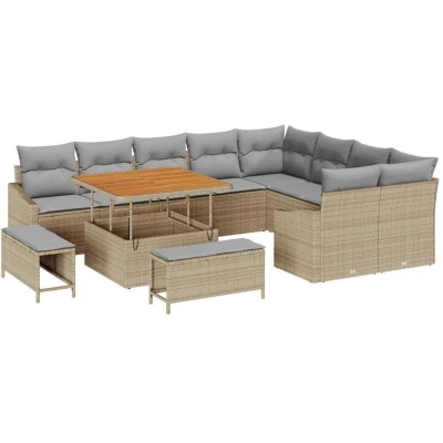 Image of vidaXL 12 Piece Garden Sofa Set with Cushions Beige Poly Rattan Acacia