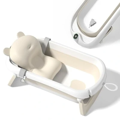 Image of Foldable Baby Bath with Non Slip Cushion/Bath Thermometer for Water Temperature Control/from Birth to 3 Years / 5 Plastic Balls (Grey 2)