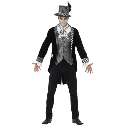 Image of Smiffys Deluxe Dark Hatter Costume, Black with Jacket, Mock Shirt &amp; Top Hat, Halloween Twisted Fairytale Fancy Dress, Adult Dress Up Costumes