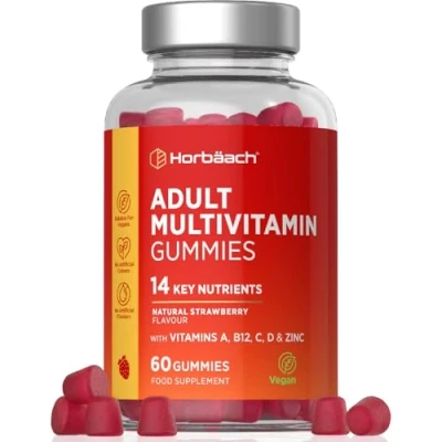 Image of Multivitamin Gummies for Adults 60 Count 14 Essential Nutrients with Vitamin A, B12, C, D &amp; Zinc Natural Strawberry Flavour by Horbaach