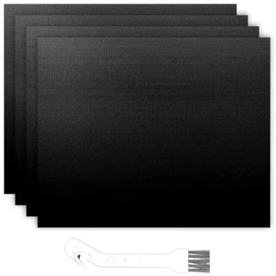 Image of SPARES2GO Universal Teflon Oven Liner Non Stick Heavy Duty Fan Assisted Cooker Lining (Pack of 4 + Brush)