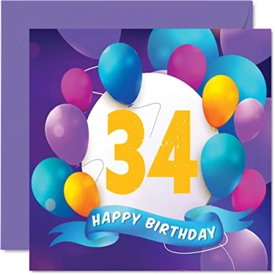 Image of 34th Birthday Card for Men Women Balloon Party Happy Cards 34 Year Old Man Woman Brother Sister Mum Dad Auntie Uncle Best Friend Cousin, 145mm x Bday Greeting Gift