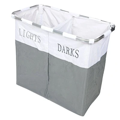 Image of Lights and Dark Folding Laundry Basket Hamper Washing Cloths Storage, Metal, Grey/White, 20CM