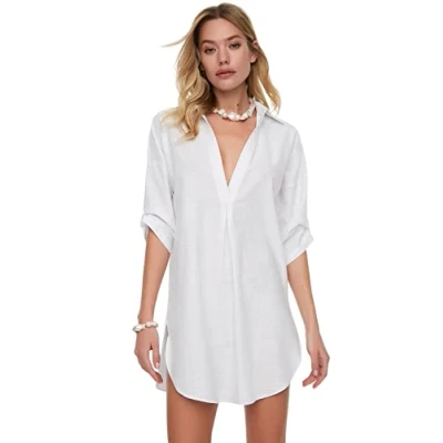 Image of Trendyol Women Beach Textile Mini Basic Relaxed fit Woven Dress Weiß