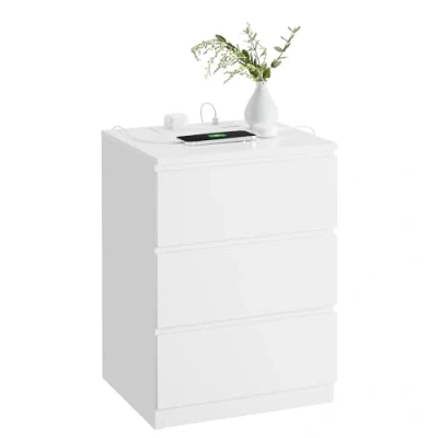 Image of VASAGLE Bedside Table with Charging Station, Side End 3 Drawers, 2 AC Outlets, USB Ports, Bevelled Drawer Fronts, for Living Room, Bedroom, Study, Modern, Cloud White LET631W15