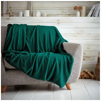 Image of Luxury Fleece Throw Blankets, Warm &amp; Cosy Waffle Throws For Sofas, Fluffy Blanket Bed, Green, 150X200 Cm