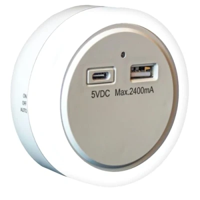 Image of Uni Com Plug in Night Light with Built USB A &amp; C Charger, Dusk to Dawn Sensor, Energy Saving Long Life LEDs, Soft for Children’s Rooms, Bedrooms, Stairways Hallways