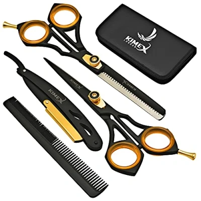 Image of KIMEX LONDON Hairdressing Barber Hair Scissor set for Professional Hairdressers Barbers Stainless Steel Cutting Shears Complete of Scissor+ Thinning Razor+ Combs+ Leather Cover