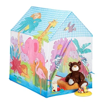 Image of Relaxdays 10024756 Jungle Animals Play Tent for Your Children’s Room, Outdoor, 3 and Up, Safari Playhouse, Colourful, Hwd 102 x 72 95 cm