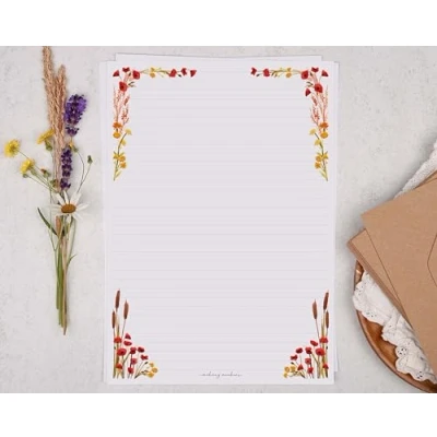 Image of Making Meadows A4 Lined Letter Writing Paper Set (20 Sheets &amp; 10 envelopes) Autumn Flowers Reed Design On Penpal Stationery