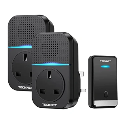 Image of TECKNET Self Powered Doorbell, Waterproof Twin Wireless Doorbell No Battery Required Push Button Plug Through Cordless Door Chime at 1300ft Range with 60 Chimes, 5 Level Volume &amp; LED Light