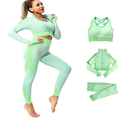 Image of Veriliss Women&#039;s 3pcs Gym Tracksuit Sweatsuit Activewear Sets 2024 Sport Yoga Fitness Clothing Ladies Workout Outfit Sportsuits for Running Jogging (Green,L)