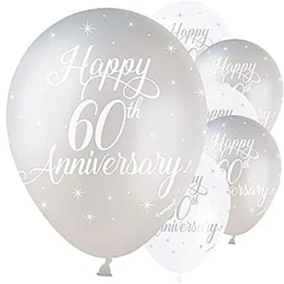 Image of Happy 60th Anniversary White &amp; Silver Latex Balloons (30cm) Pack of 5 Elegant Celebration Decorations