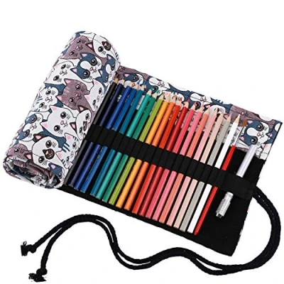Image of Amoyie Canvas Color Pencil Bag Hand Roll Up Case for 48 Coloring Gel Pen Artist Pen, Portable Organiser Grey Holes