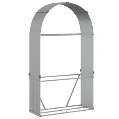 Image of vidaXL Galvanised Steel Log Holder Firewood Rack Stand for Outdoor/Patio/Deck, Silver, Large Capacity, Ventilated Wood Storage with Wall Hooks, 120x45x210cm
