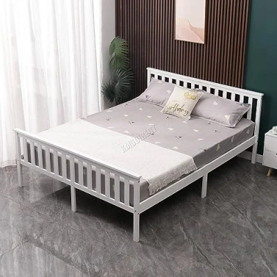 Image of WestWood Double Bed Solid Pine Frame Headboard Durable Shaker Style With Footboard Wooden Platform Wood Slat Support Bedroom Furniture Strong Legs Adults Kids Teenagers White