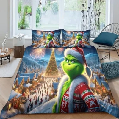 Image of SAYOBO Christmas Grinch Quilt Cover Duvet Comforter Covers for Boys Girls 3D Print Soft Microfiber Bedding Set with Pillow Cases Zipper Closure 3 Pieces Double（200x200cm）