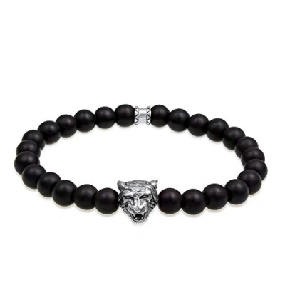 Image of Kuzzoi Buddha Men&#039;s Stone Bracelet Made of black Onyx Gemstone Beads (8 mm) and Tiger Head Pendant in 925 Sterling Silver Elastic 19 centimeters