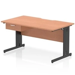 Image of Impulse 1400 x 800mm Scalloped Edge Office Desk Beech Top Black Cable Managed Leg Workstation 1 Drawer Fixed Pedestal