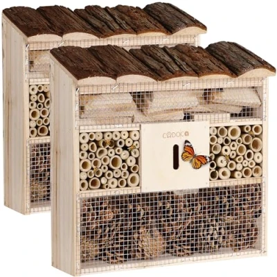 Image of CADOCA Insect Hotel, 31x30.5x9.5cm, Natural Wood, Brown, Nesting Aid for Bees, Ladybirds, Butterflies &amp; Other Beneficial Insects, Bird Protection, Hanging Garden Decoration