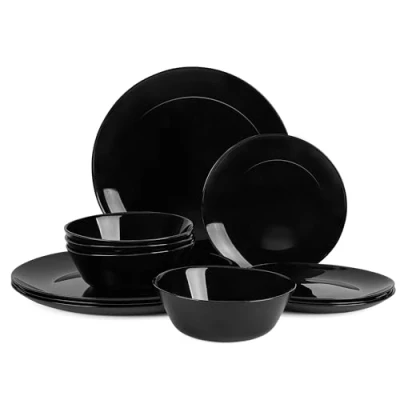 Image of LaGlint Dinnerware Sets for 4, 12 Pieces Opal Glass Plates and Bowls Set, Dishwasher Microwave Safe Dish Dinning Ware Chip Scratch Resistant Dishware Black