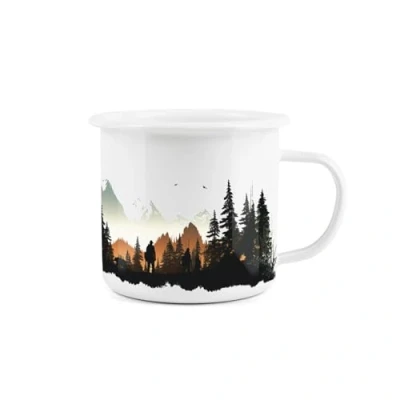 Image of Mountains Scenic Silhouette Enamel Mug Camping Gift Durable Hot Drinks White Outdoor Cup Travel Picnics Home Hiking
