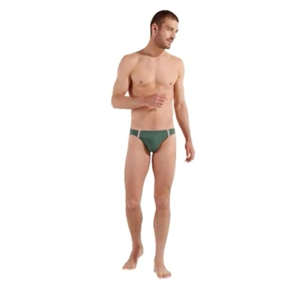 Image of HOM Men&#039;s Micro Nautical Cup Swim Brief, Khaki Striped Ribbon, L