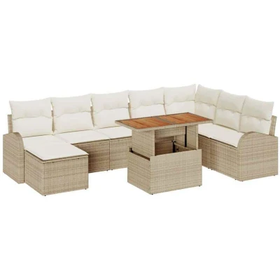 Image of vidaXL 9 Piece Garden Dining Set with Cushions Beige Poly Rattan Acacia