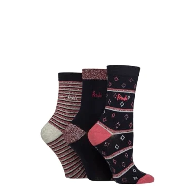 Image of Women&#039;s 3 Pair Pringle Christmas Patterned Cotton Socks with Gift Tag Navy Diamond / Stripe 4 8