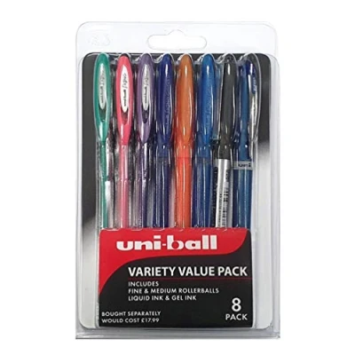 Image of 8 x Uni Ball Variety Value Pack, Set Includes Black/Metallic/Glitter Liquid &amp; Gel Ink, Fine Medium Point Rollerball Pens, Assorted Colours