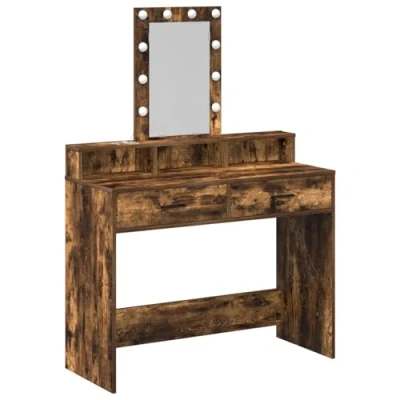 Image of vidaXL smoked oak vanity table engineered wood makeup desk with drawers, led lights &amp; mirror for bedroom/dressing area 100x41x140 cm