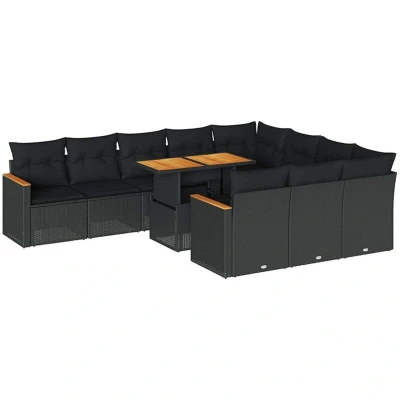 Image of vidaXL 11 Piece Garden Sofa Set with Cushions Black Poly Rattan Acacia